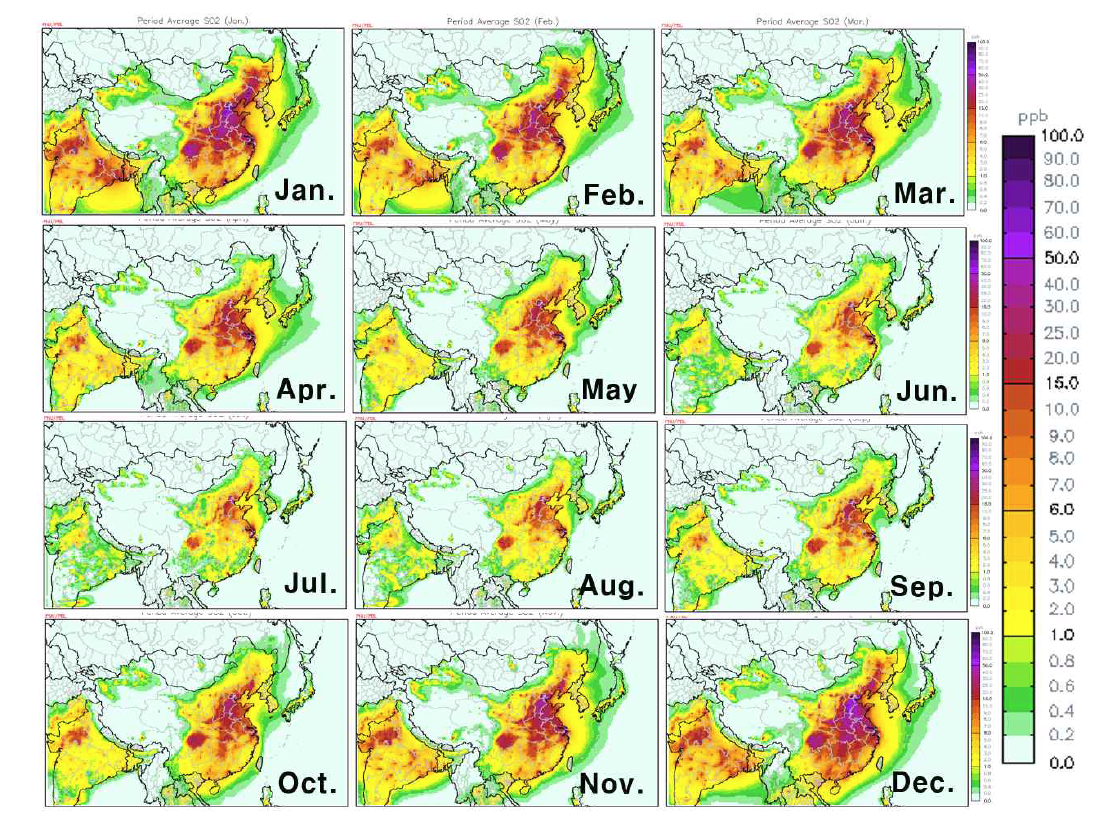 2013년 월별 SO2 농도 공간분포