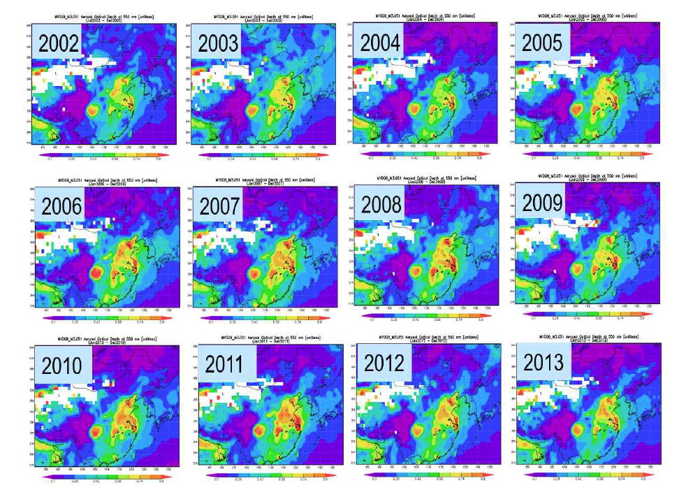 2002년부터 2013년까지 동북아시아의 연도별 AOD 변화의 공간분포
