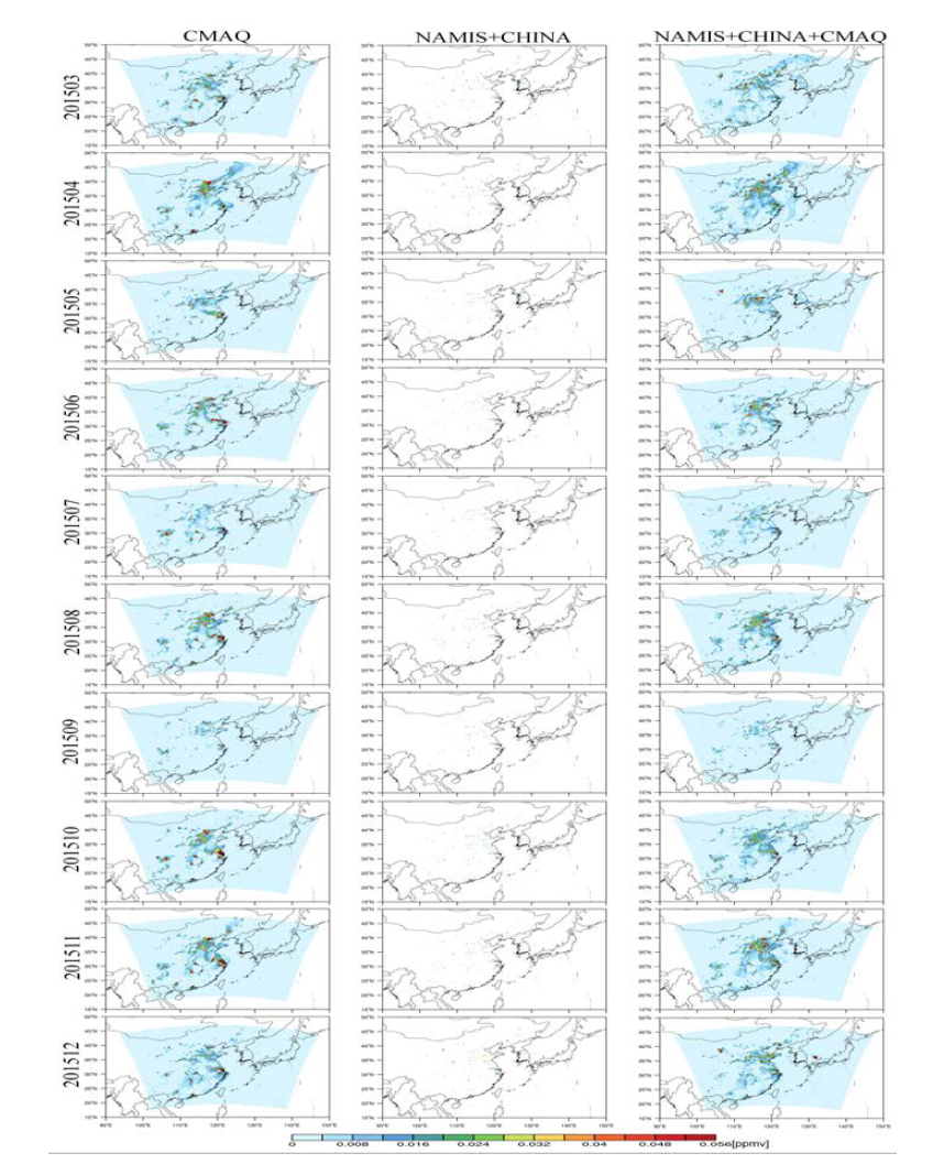 왼쪽열부터 CMAQ, 지상 관측값 (NAMIS, CAWNET), Cressman 기법을 적용한 자료동화 결과에 대한 SO2 농도의 공간 분포도 (2015년 3월 ~ 12월 15일 9:00 KST).