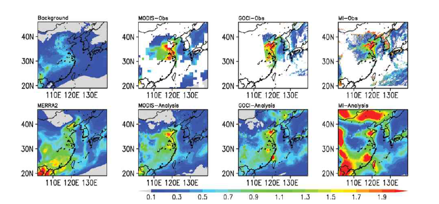 2012년 3월 10일 00UTC 때의 배경농도, 관측, MERRA2, 그리고 자료 동화된 AOD 분포. Background가 배경농도, Obs는 관측이며 Obs 아래의 Analysis는 각각 MODIS, GOCI, MI AOD로 자료 동화한 결과.