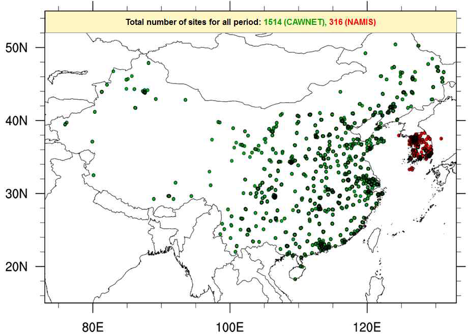 중국 지상 관측 자료 (CAWNET, 초록색)와 한국 지상 관측 자료 (NAMIS, 빨간색)관측소 분포도.