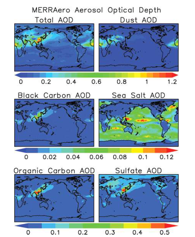 MERRAero 재분석 자료에서 나타난 봄철의 총 AOD 및 먼지, 해염, 황산염, 유기 탄소 및 블랙 카본의 AOD.