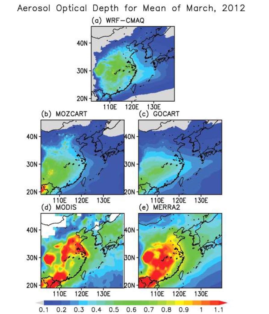 WRF-Chem-GOCART, MOZCART, CMAQ, MODIS, 그리고 MERRA2에서 나타낸 2012년 3월 평균 에어로솔 광학두께의 공간 패턴.