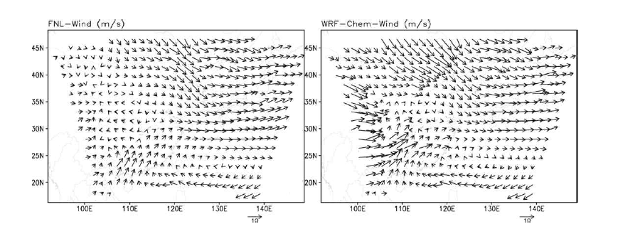 NCEP FNL(좌)과 WRF-Chem(우)의 850hPa 고도의 2012년 3월 평균 바람장.