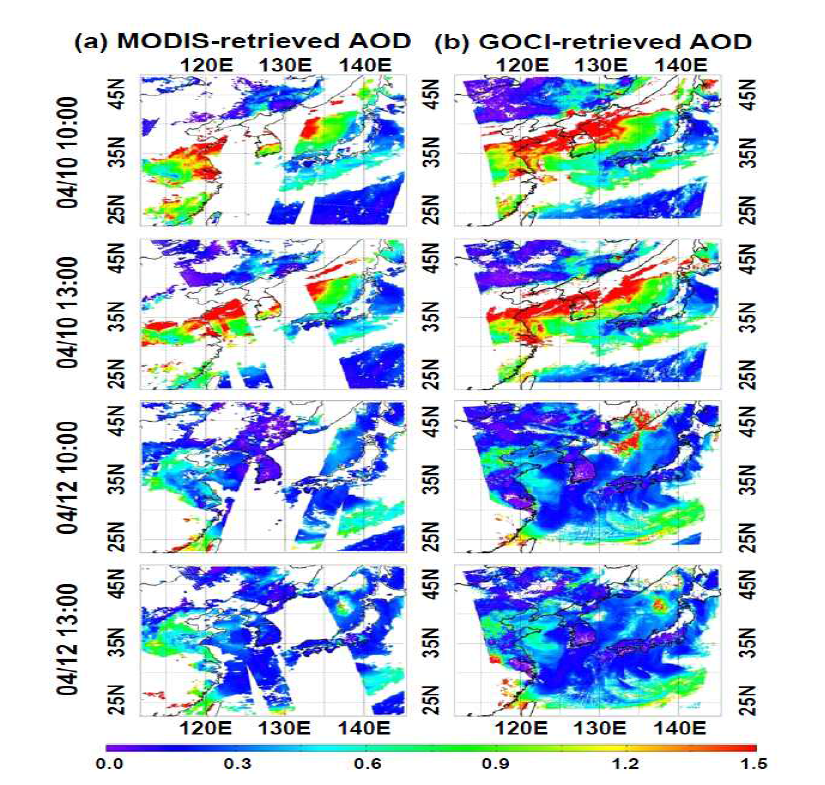 동북아시아의 (a) Terra 및 Aqua/MODIS AOD, (b) GOCI AOD. 4월 10일과 4월 12일 그림이며, Terra/MODIS는 10:00 (Korean Standard Time; KST), Aqua/MODIS는 13:00 KST 자료임.