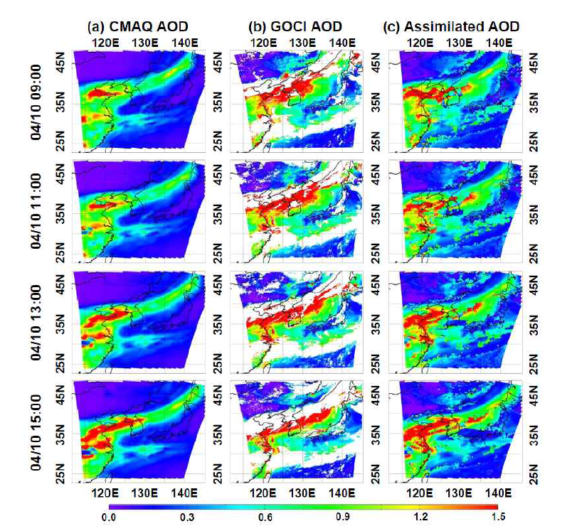 (a) CMAQ AOD (Chin et al. (2002) conversion 알고리즘을 이용하여 계산),(b) GOCI AOD (Lee et al. (2010)의 연세 에어로솔 retrieval 알고리즘을 이용하여 계산), (c) OI 기법을 적용하여 자료동화된 AOD. 해당 그림은 2011년 4월 09:00, 11:00, 13:00, 15:00 (Korean Standard Time; KST) 그림임.