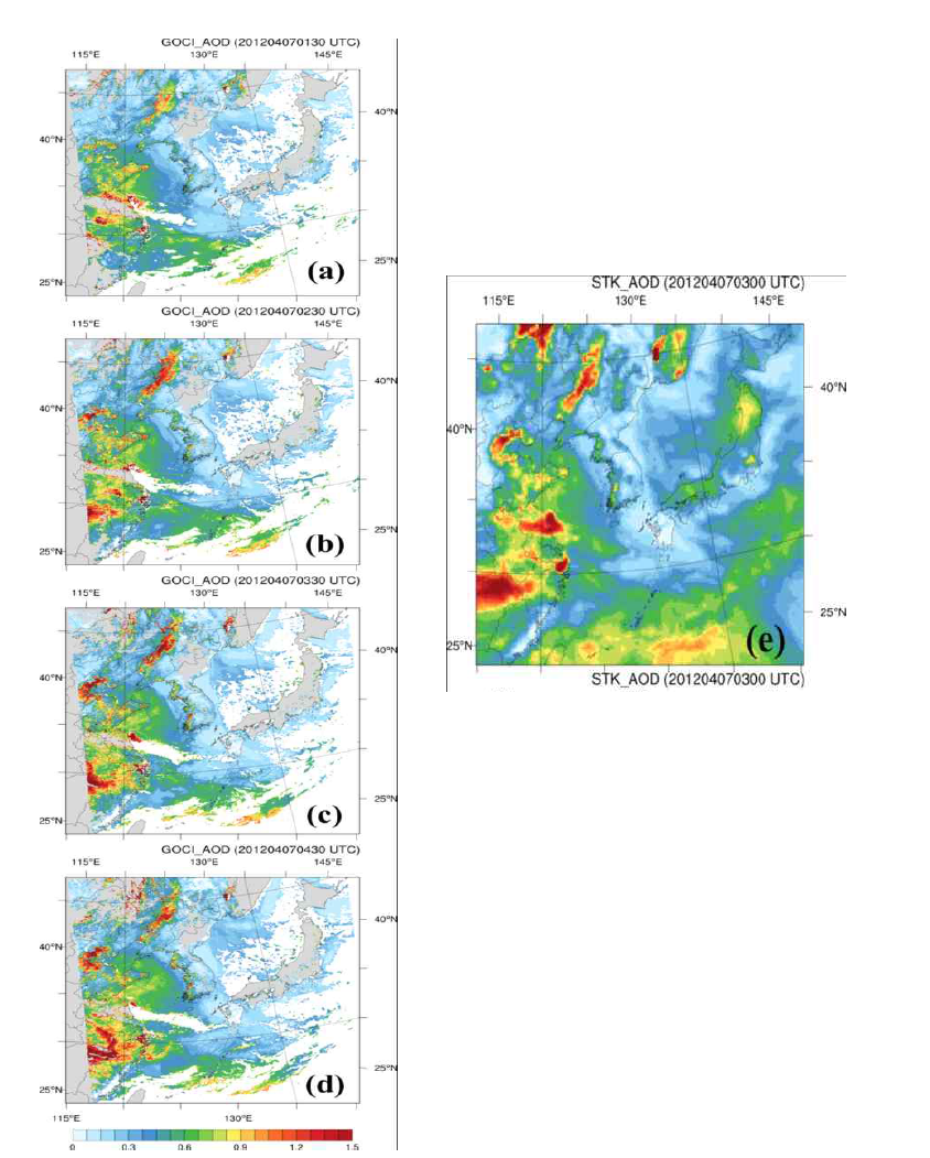 GOCI AOD (1:30 ~ 4:30 UTC) 공간 분포 ((a) ~ (d))와 Spatial-temporal Kriging (STK) 기법을 적용하여 자료동화를 수행한 3:00 UTC AOD (e). 본 그림은 2012년 4월 7일 자료임.