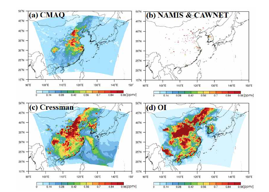 (a) Base run, (b) 지상 관측값 (NAMIS, CAWNET), (c) Cressman 및 (d) OI에 대한 CO 농도의 공간 분포도 예시 (2015년 2월 22일 9:00 KST).