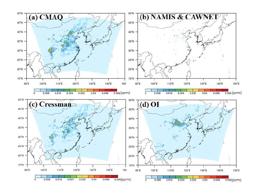 (a) Base run, (b) 지상 관측값 (NAMIS, CAWNET), (c) Cressman 및 (d) OI에 대한 SO2 농도의 공간 분포도 예시 (2015년 2월 22일 9:00 KST).