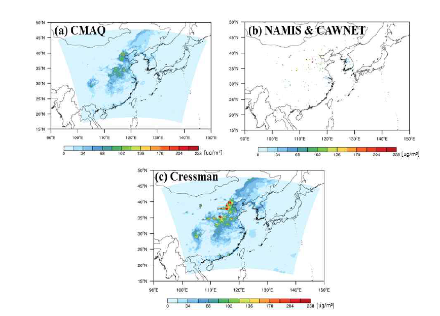 (a) Base run, (b) 지상 관측값 (NAMIS, CAWNET), (c) Cressman에 대한 PM10 농도의 공간 분포도 예시 (2015년 2월 22일 9:00 KST).