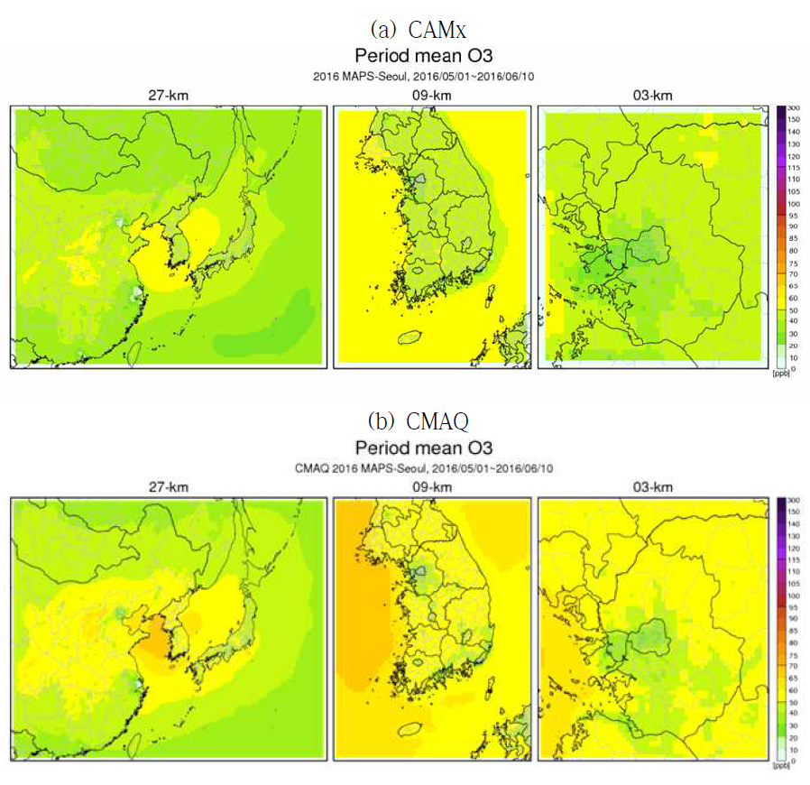 캠페인 기간 CAMx 및 CMAQ 예보 공간분포 결과 비교 : Ozone