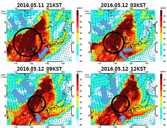 2016년 5월 11일 21KST, 2016년 5월 12일 03KST, 09KST, 12KST의 850 hPa 바람장과 오존 농도의 수평 분포