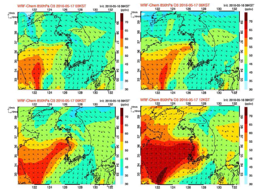 수치 모의된 850 hPa 등압면의 O3 수평 농도 분포와 풍향 풍속의 변화