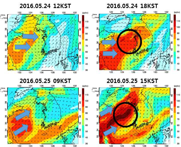 2016년 5월 24일 12KST, 18KST, 2016년 5월 25일 09KST, 15KST의 850 hPa 바람장과 오존 농도의 수평 분포