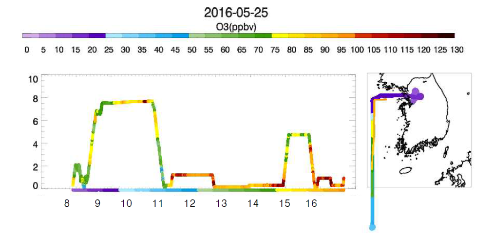 2016년 5월 25일 항공 측정 O3의 농도 분포