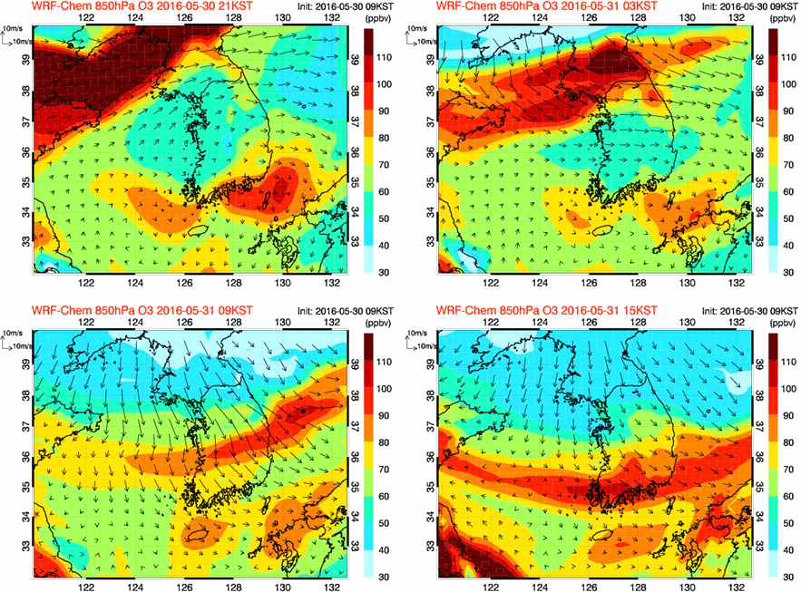 2016년 5월 30일 21KST, 2016년 5월 31일 03KST, 09KST, 15KST의 850 hPa 바람장과 오존 농도의 수평 분포