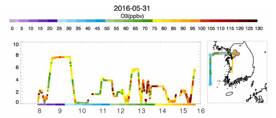 2016년 5월 31일 항공 측정 O3의 농도 분포