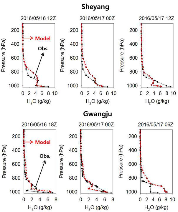 2016년 5월 16일~17일의 Sheyang(위)와 광주(아래)의 상층 수증기량의 연직 분포의 존데 측정값 및 모델 결과
