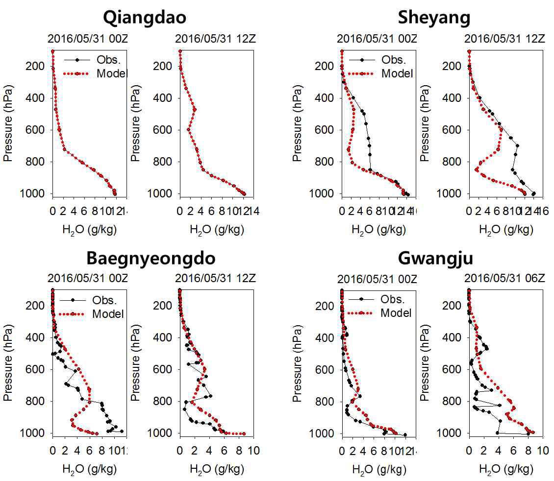 2016년 5월 31일의 중국 Qingdao(왼쪽 위), Sheyang(오른쪽 위)와 한국 백령도(왼쪽 아래)와 광주(오른쪽 아래)의 상층 수증기량의 연직 분포의 존데 측정값 및 모델 결과