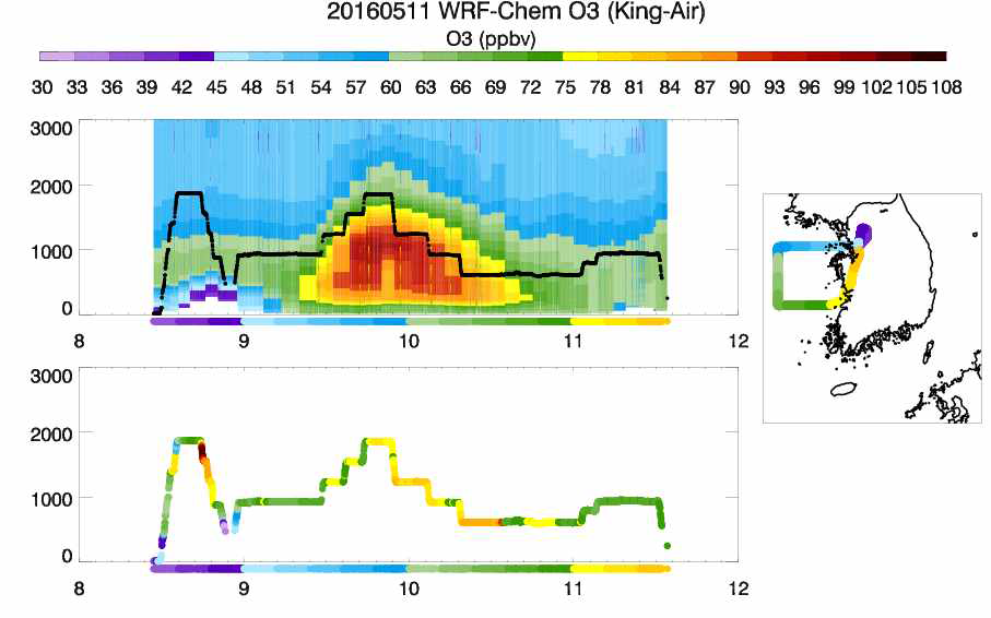 2016년 5월 12일 오전 8시~12시 경에 항공 측정된 서해상의 오존 분포(아래)와 같은 기간, 같은 지점의 모델 결과 오존 분포