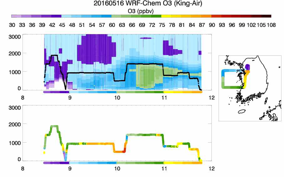 2016년 5월 17일 오전 8시~12시 경에 항공 측정된 서해상의 오존 분포(아래)와 같은 기간, 같은 지점의 모델 결과 오존 분포