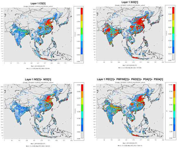 CO, SO2, NOx, PM2.5 emission (0.1°, Asia) for the 2015.05