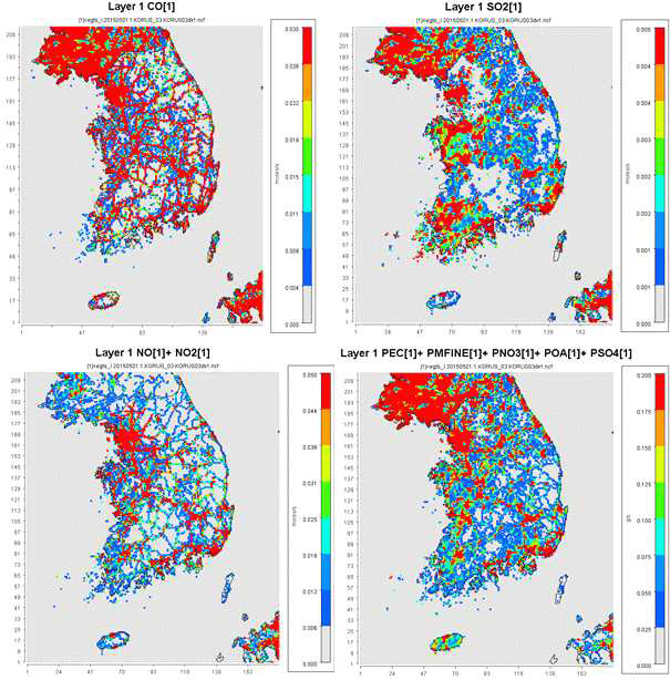 CO, SO2, NOx PM2.5 emission (3 km, Korea) for the 2015.05