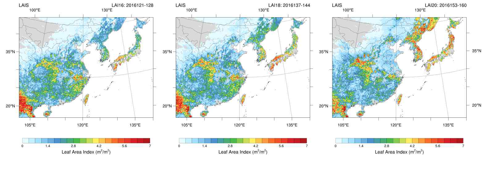 동아시아 잎면적지수(LAI) 8일 평균 분포도