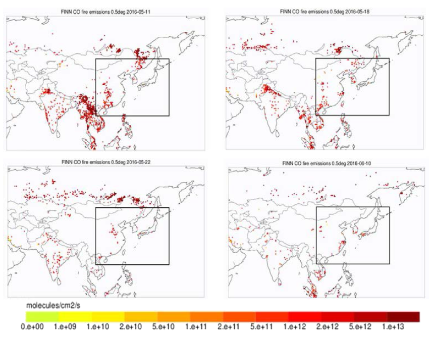 biomass burning에 의한 CO 배출량 예시(FINN 자료)