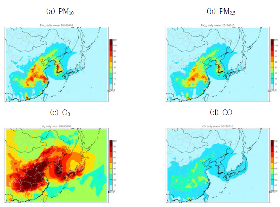 대기오염물질에 대한 예측 농도 공간분포 예시