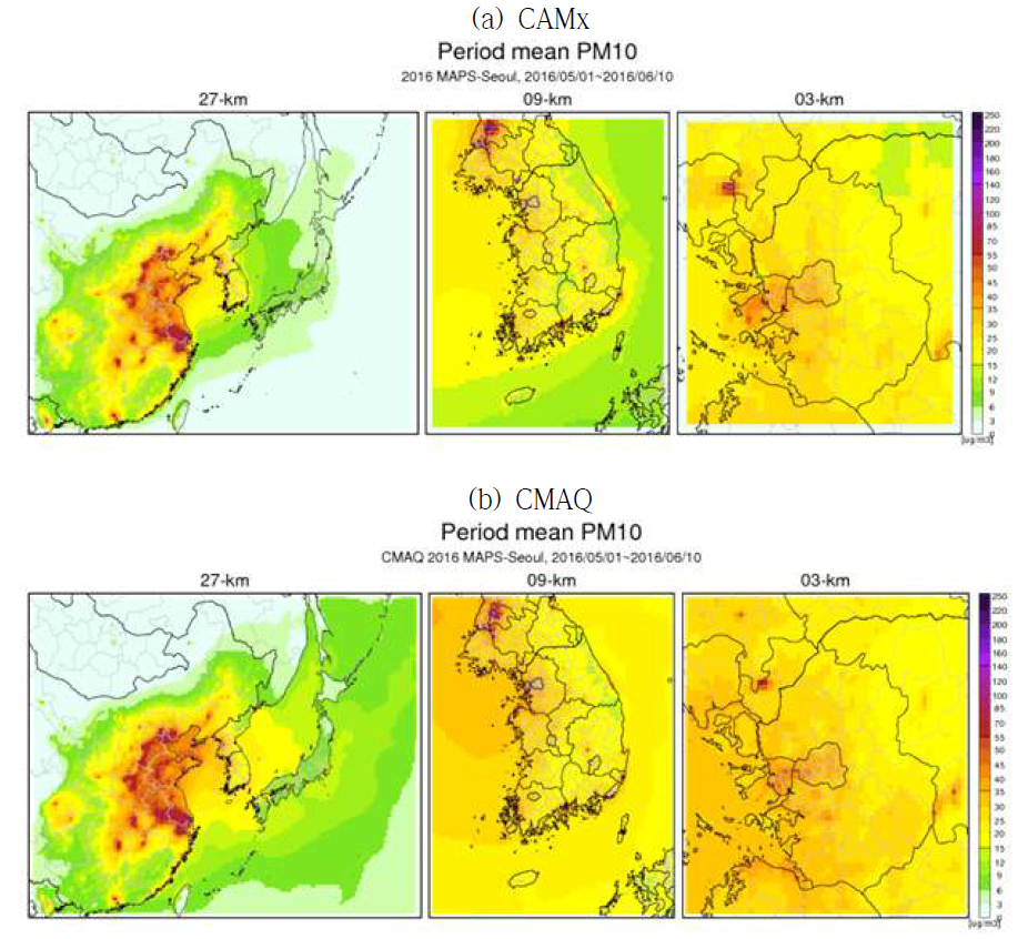 캠페인 기간 CAMx 및 CMAQ 예보 공간분포 결과 비교 : PM10