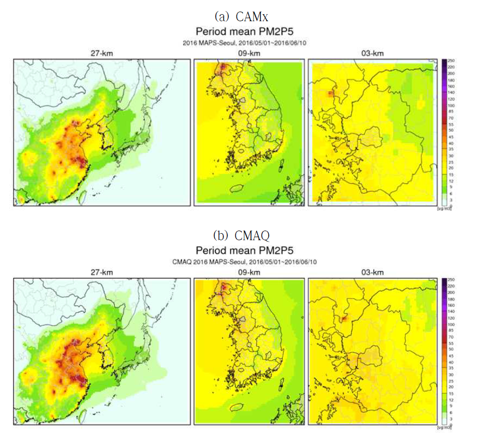 캠페인 기간 CAMx 및 CMAQ 예보 공간분포 결과 비교 : PM2.5