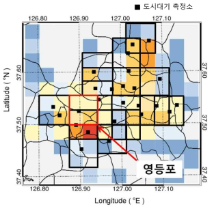 서울 지역의 CO 현업 배출량 공간 분포와 상세 대기질 모의 영역을 포함하는 배출량 상세화 영역(6×6 km2)의 정의