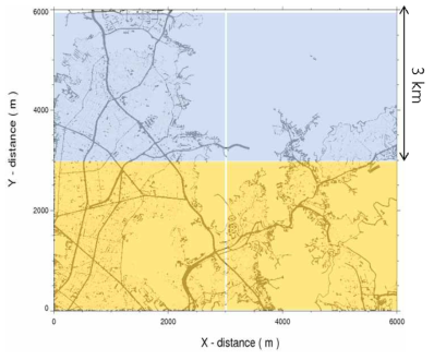 영등포 지역의 1 m 해상도의 GIS 도로 정보와 상세화 영역의 현업 선원 배출량(2×2 격자) 공간 분포 예시.