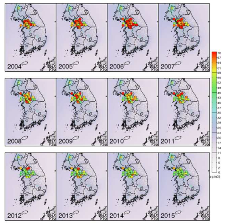 공간분포를 이용한 PM10 모사값과 관측값의 비교 예시