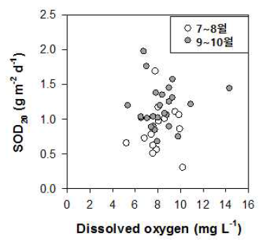 14개 보 전 지점에서의 퇴적물 산소소모율(20℃ 환산)과 현장 저층수 DO의 상관관계(PSOD 자료 제외)
