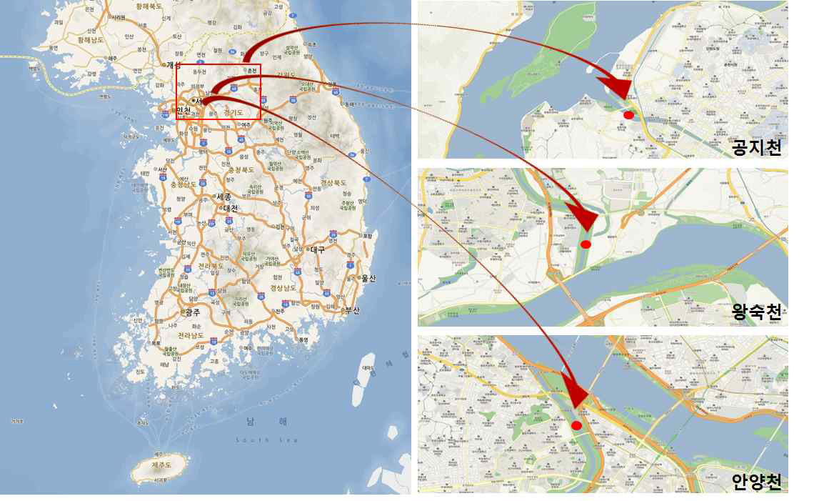 Locations of survey site (Gongji Stream in Chuncheon-si,Wangsuk Stream in Guri-si, and Anyang Stream in Seoul).