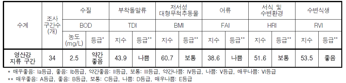 영산강 대권역 지류 구간의 수생태계 건강성 평가결과 비교