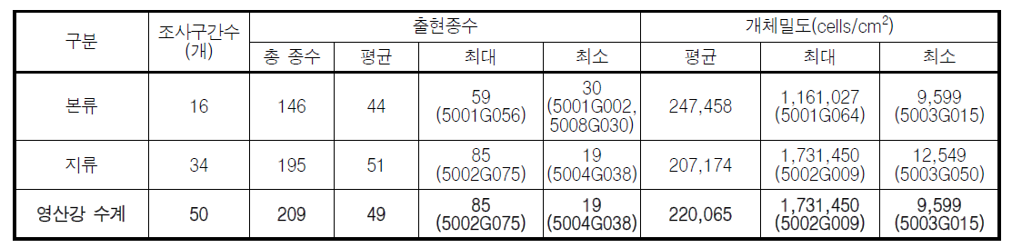 영산강 수계 부착돌말류 출현종수 및 개체밀도