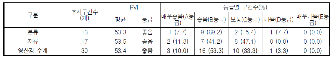 영산강 수계 수변식생지수(RVI) 값 및 등급 분포