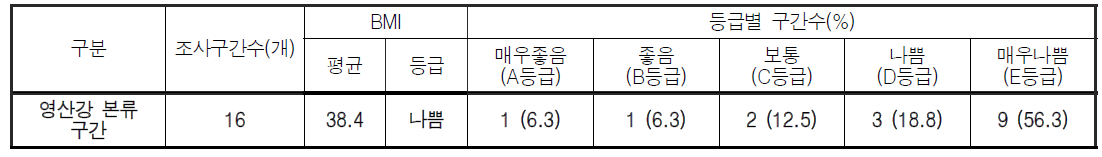 영산강 대권역 본류 구간의 저서동물지수(BMI) 값 및 등급 분포