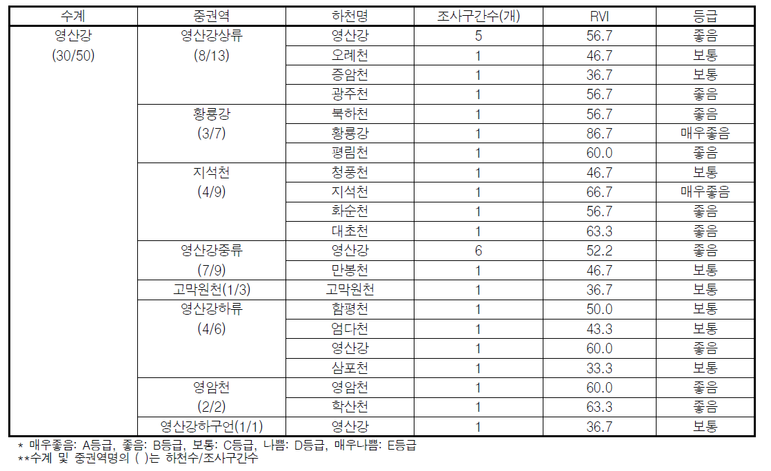 영산강 대권역 지류 구간의 하천별 수변식생지수(RVI) 값 및 등급