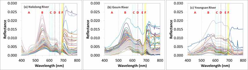 Remote sensing reflectance measured in three rivers. Remote sensing reflectance above water surface Rrs(λ) measured using ASD Fieldspec4 after removing glint effect according to Kustser et al. (2013)