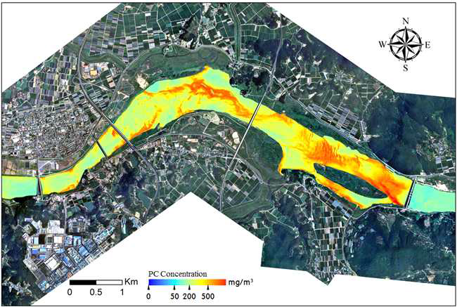 The spatial distribution of PC concentration estimated at the lower reach of the Nakdong River