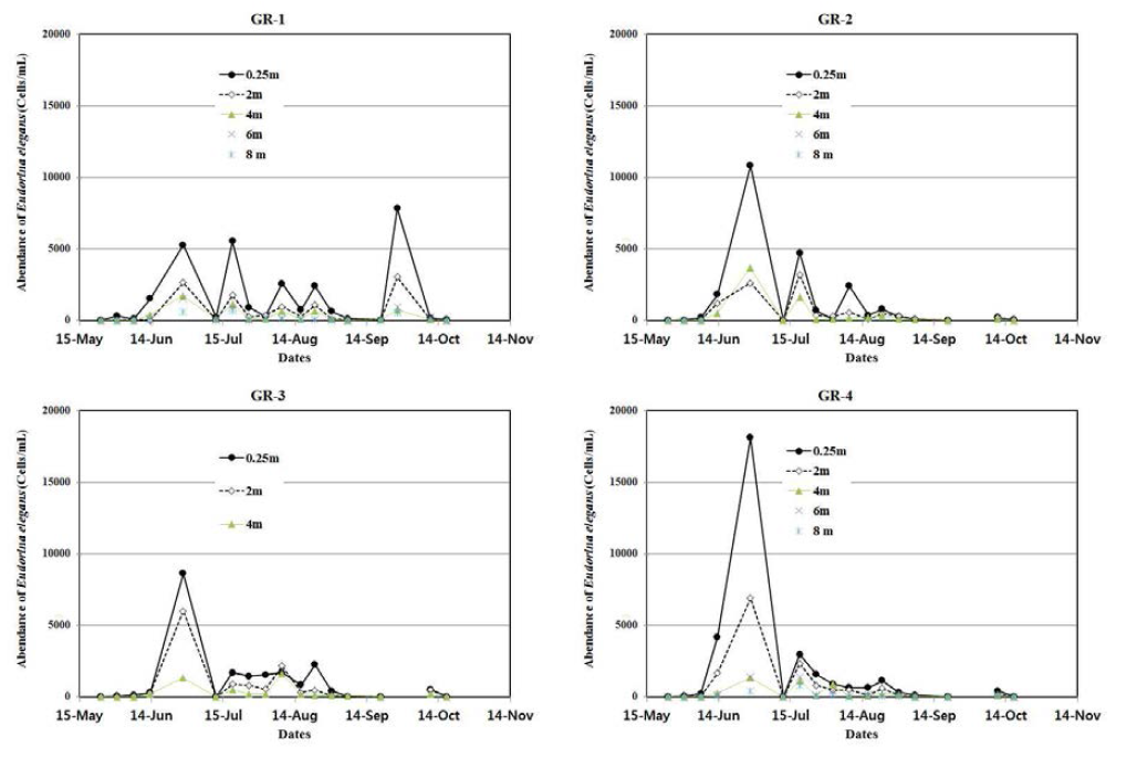 지점 및 수심별 Eudorina elegans의 세포수 현존량 변화