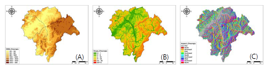 The topographical parameter map of Cheongju-si : (A) altitude, (B) slope angle, (C) slope aspect.
