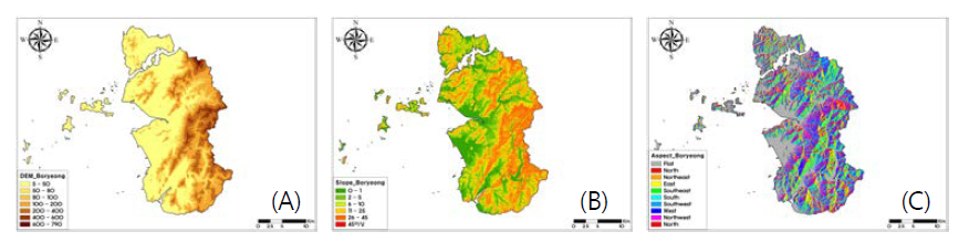 The topographical parameter map of Boryeong-si : (A) altitude, (B) slope angle, (C) slope aspect.