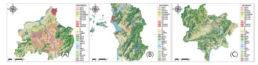 The map of landscape types : (A) Cheongju-si, (B) Boryeong-si, (C) Buyeo-gun.