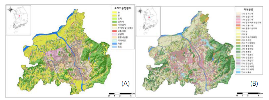 Land use (A) and cover (B) of Cheongju-si.
