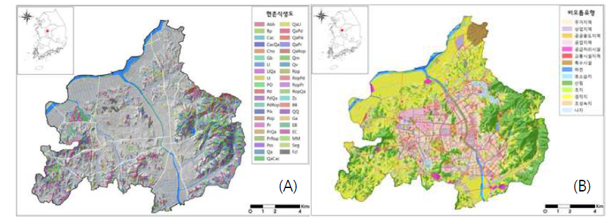 Actual vegetation (A) and biotope types (B) of Cheongju-si.